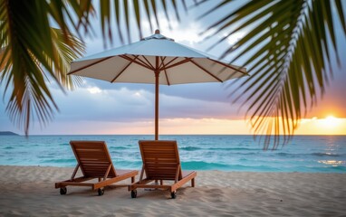 A tranquil beach scene at sunrise with two wooden lounge chairs positioned under a white umbrella.