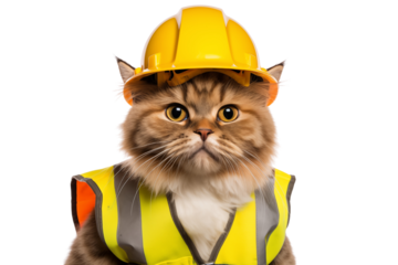 Scottish cat wearing yellow construction helmet and reflective vest looks ready for work. adorable feline exudes playful yet determined expression, embodying spirit of construction worker
