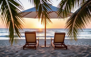 A tranquil beach scene at sunrise with two wooden lounge chairs positioned under a white umbrella.