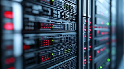 Obraz premium Data center server rack lights illuminate, showcasing network infrastructure and background servers for technology websites