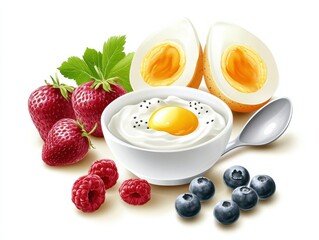 An elegant scene of a high-protein breakfast, featuring eggs, Greek yogurt