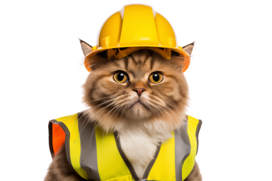 Scottish cat wearing yellow construction helmet and reflective vest looks ready for work. adorable feline exudes playful yet determined expression, embodying spirit of construction worker