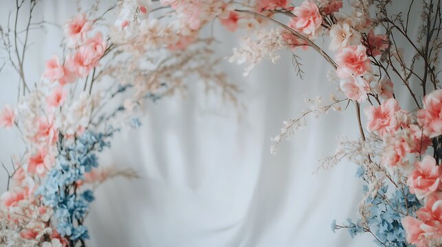 Delicate pink and blue floral arch on a white serene backdrop