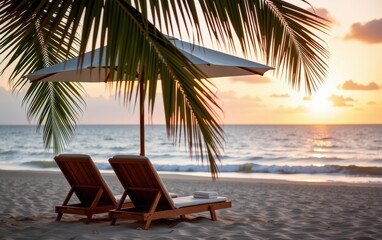 A tranquil beach scene at sunrise with two wooden lounge chairs positioned under a white umbrella.