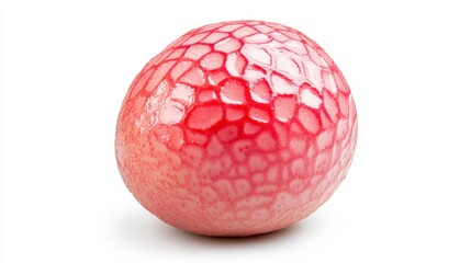 Close-up view of a vibrant red fruit with a unique textured surface, isolated against a clean white background. The image showcase