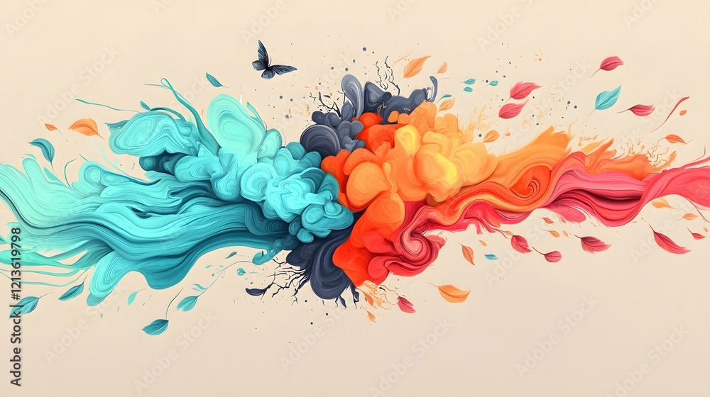 Poster vibrant digital painting showcasing the connection between psychology and emotional health with flui