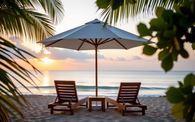 A tranquil beach scene at sunrise with two wooden lounge chairs positioned under a white umbrella.