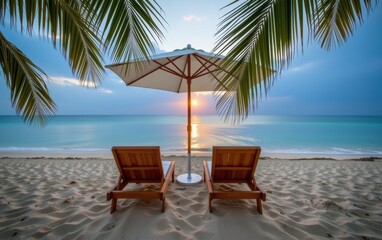 A tranquil beach scene at sunrise with two wooden lounge chairs positioned under a white umbrella.