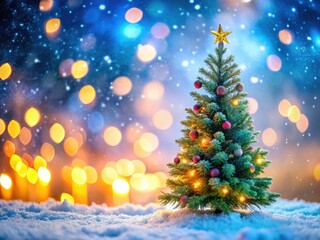 Fototapeta premium A magical Christmas scene: pine tree, snowflakes, soft snowfall, bokeh lights, creating a winter wonderland.
