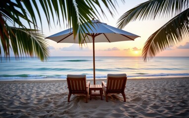 A tranquil beach scene at sunrise with two wooden lounge chairs positioned under a white umbrella.