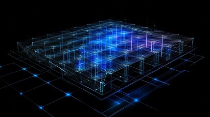 Obraz premium artificial neural network diagram, luminous connection lines, gradient blue node arrays, layered network architecture, dark computational space, digital neuron patterns, mathematical grid system,