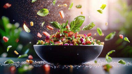 vibrant gourmet salad bursting with fresh ingredients, herbs, and colorful vegetables, set in futuristic ambiance. dynamic presentation evokes sense of excitement and freshness