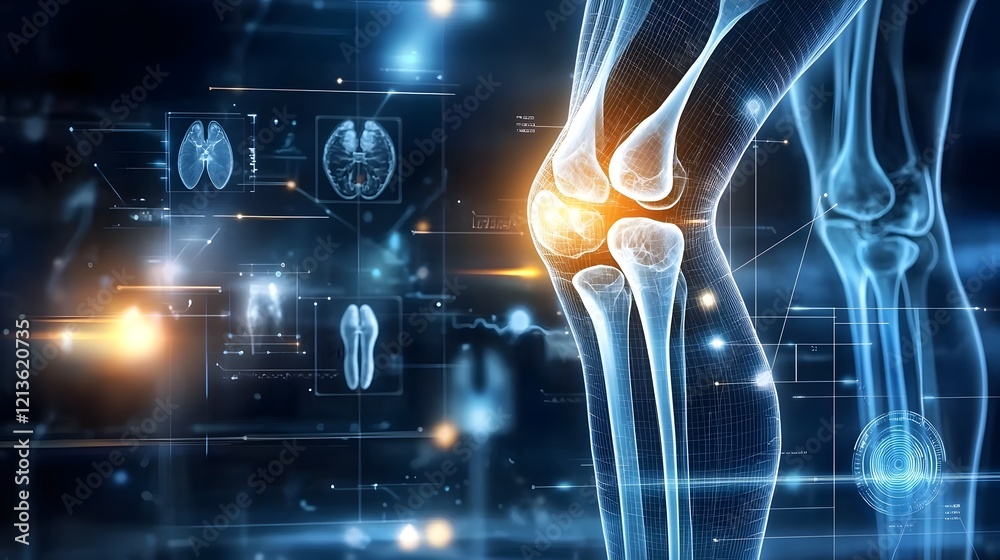 Poster futuristic holographic visualization of the knee joint blending modern medical imaging technology an
