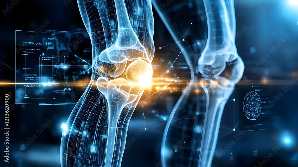 Poster Advanced AI driven knee anatomy scan with detailed neural network analysis symbolizing innovation and advancements in medical imaging and healthcare technology