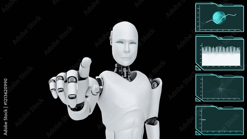 Poster futuristic robot, artificial intelligence cgi big data analytics and programming . robotic man 3d re