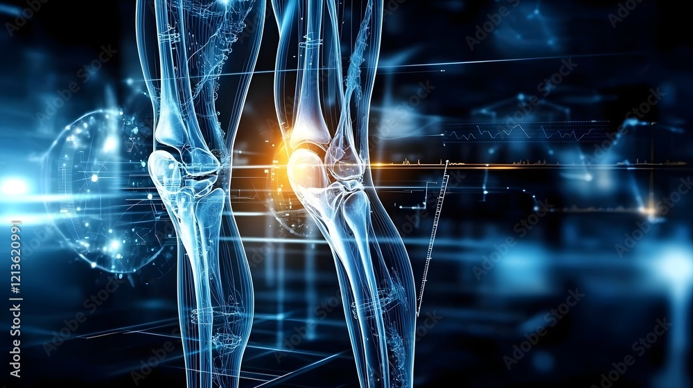 Poster Futuristic AI driven knee anatomy scan with detailed neural network analysis symbolizing innovation in medical imaging and healthcare technology  3D digital x ray data visualization of bone ligament