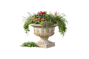 A flower-filled ornamental planter with intricate carvings and lively blossoms, offering a touch of elegance and vibrancy. Isolated on a transparent background