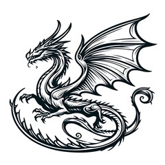 Fototapeta premium Simple outline of a dragon in flight, tattoo