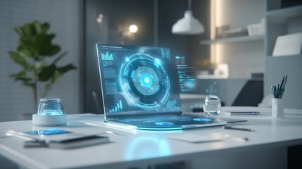 robotic office assistant, interactive hologram dashboard, clean modern workspace, blue tech ambiance, floating information panels, sleek laptop setup, digital workspace visualization, corporate