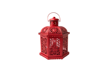 A hexagonal red lantern with intricate cut-out designs and a sturdy handle, designed for ambient lighting and cultural charm. Isolated on a transparent background