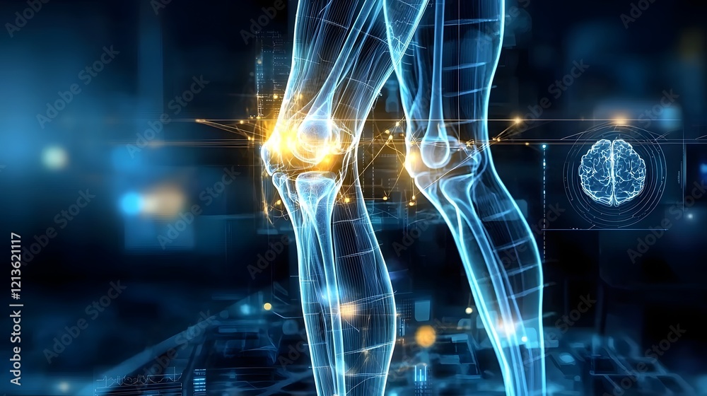 Poster futuristic digital knee x ray with ai enhanced diagnostic markers and cutting edge healthcare interf