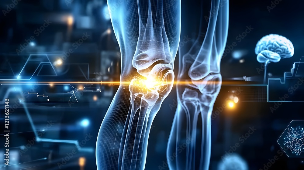 Poster futuristic digital knee x ray image featuring glowing ai powered diagnostic markers and a sleek high