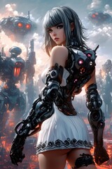 Futuristic Cybernetic Woman with Robotic Arm and Dystopian Background of Giant Robots and a Sci-Fi Cityscape