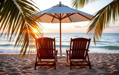 A tranquil beach scene at sunrise with two wooden lounge chairs positioned under a white umbrella.