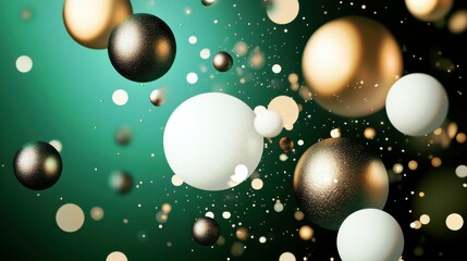 Abstract composition of floating spheres in shades of gold, white, and black against a vibrant green background with blurred bokeh lights creating a festive atmosphere