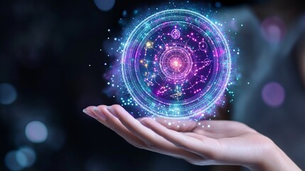 A glowing, intricately designed orb filled with constellations and mystical symbols hovers over an outstretched hand. The dark background enhances the futuristic and celestial atmosphere