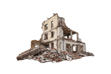 A partially collapsed brick building, with rubble at its base, showing visible interior walls and broken windows, symbolizing devastation. Isolated on a transparent background