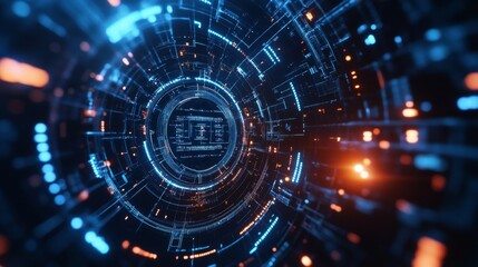 Obraz premium electronic human profile, luminous neural pathways, concentric circle patterns, deep blue atmosphere, circuit node connections, hexagonal grid framework, technological consciousness visualization,