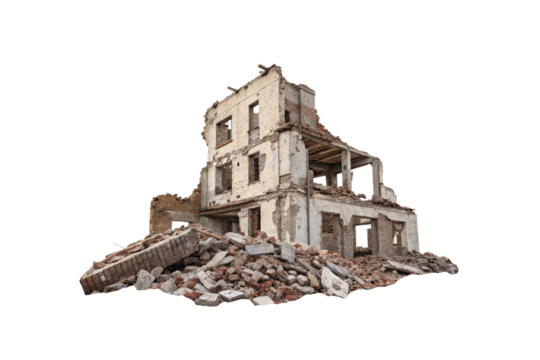 A partially collapsed brick building, with rubble at its base, showing visible interior walls and broken windows, symbolizing devastation. Isolated on a transparent background