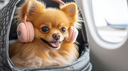 A cheerful, fluffy dog wearing soft pink animal headphones, sitting comfortably in a carrier by an airplane window, its tongue playfully sticking out