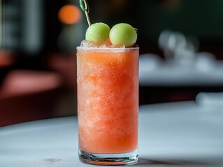 Honey Deuce: cocktail with melon garnish, frosted highball glass, pale pink drink, tennis-inspired, isolated on white with copy space.