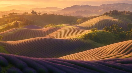Fototapeta premium Sunset Lavender Fields, Rolling Hills, Tuscany, Italy
