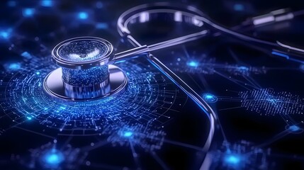 Futuristic holographic medical data analytics system powered by intelligence displaying real time patient health statistics biometrics and predictive healthcare insights on a 3D virtual interface