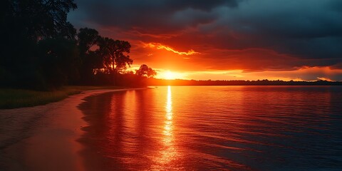Fiery sunset over calm lake, trees silhouetted.