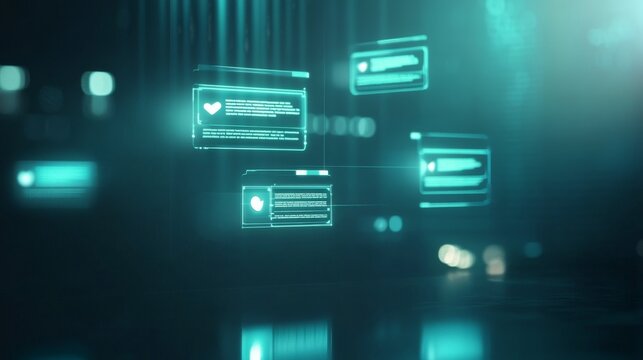 digital assistant conversation, floating message icons, interactive hologram display, deep teal environment, gentle light effects, minimalist chat interface, modern communication visualization,