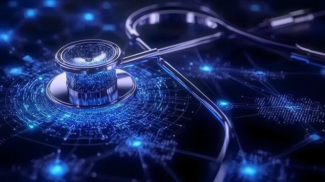 Futuristic holographic medical data analytics system powered by intelligence displaying real time patient health statistics biometrics and predictive healthcare insights on a 3D virtual interface