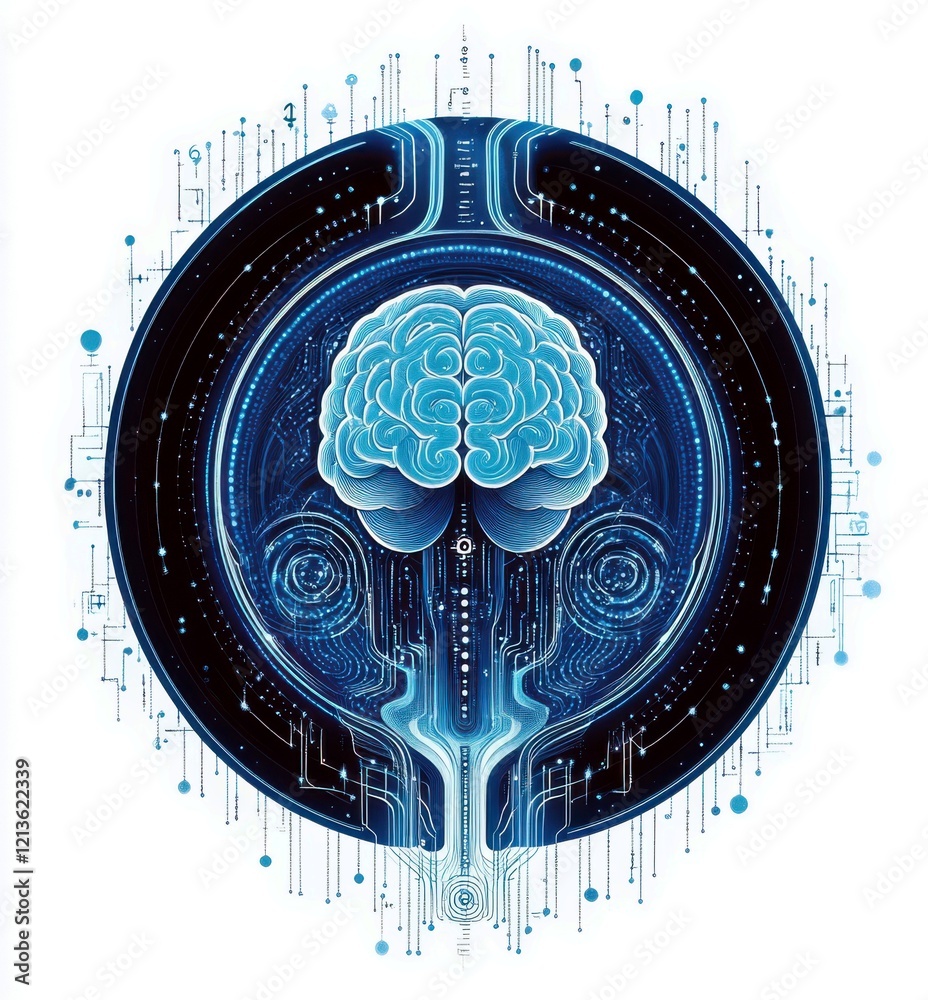 Poster intricate digital art depicting human brain surrounded by tech elements in a futuristic design with 