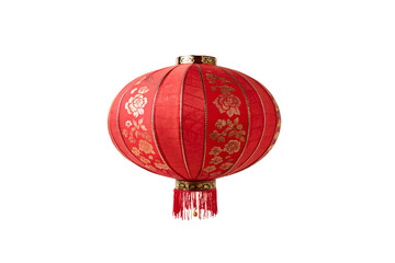 Obraz premium A vibrant red lantern with intricate gold floral patterns and tassels, representing traditional Chinese decor, symbolic of luck and celebration. Isolated on a transparent background