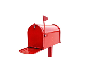 A vibrant red mailbox with its lid open and the flag raised. Isolated on a transparent background, ready for letters