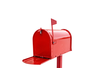 A vibrant red mailbox with its lid open and the flag raised. Isolated on a transparent background, ready for letters
