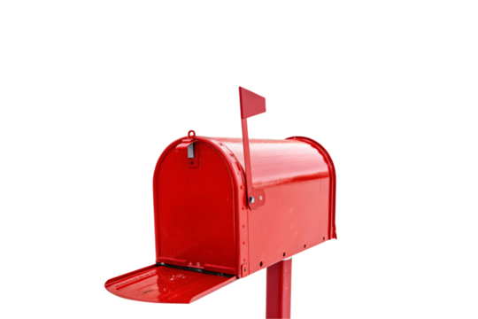 A vibrant red mailbox with its lid open and the flag raised. Isolated on a transparent background, ready for letters