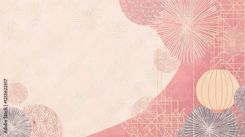 Aufkleber Elegant Chinese New Year with Glowing Lanterns Intricate Paper Cuttings and Vibrant Festive Fireworks Displayed on a Rich Red Background with a Modern Abstract and Stylized Design
