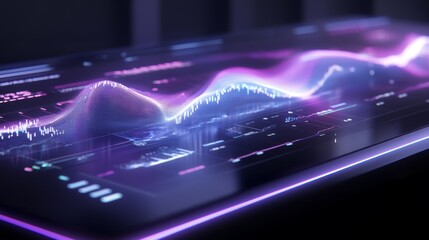 advanced analytics dashboard, dynamic wave patterns, projected holographic interface, human data points on grid surface, interactive gesture control, professional tech atmosphere, floating data