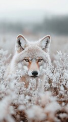 Obraz premium Frosty Winter Coyote Staring Intensely Amidst a Snow-Covered Field, Capturing the Essence of Wild Nature in a Stunning Seasonal Landscape