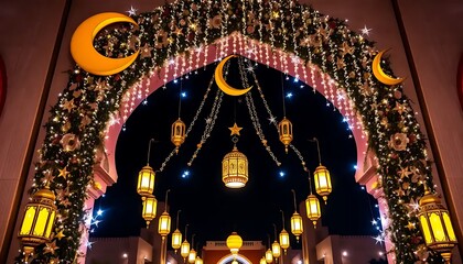 Obraz premium Festive Ramadan Archway Decorated With Moons Stars And Lanterns