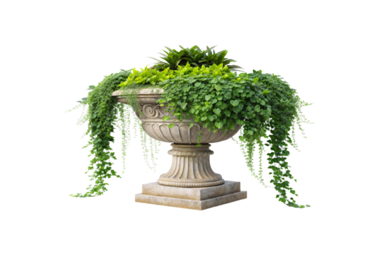 Decorative garden urn adorned with green cascading vines, dense foliage, and a central cluster of spiky plants, exuding timeless elegance and organic beauty. Isolated on a transparent background